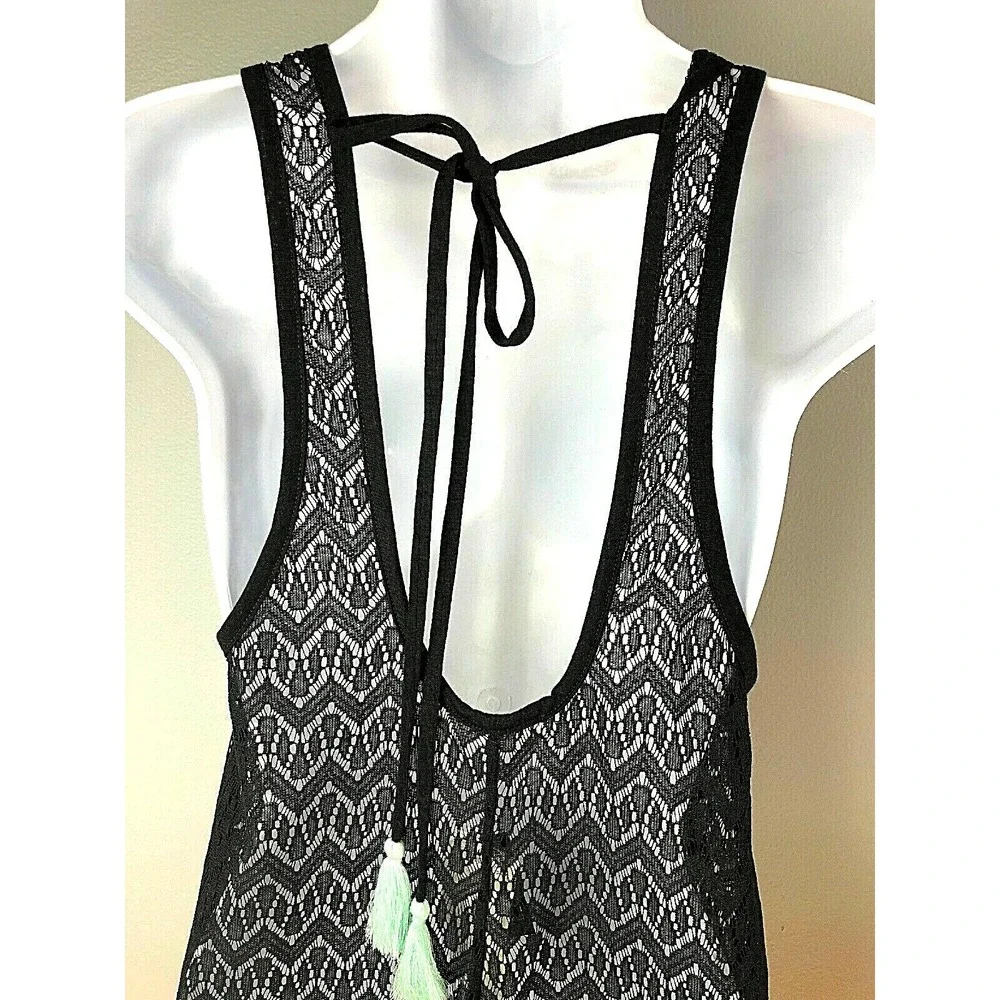 Miken Crocheted Swimsuit Cover-Up Dress With Tassels‎ Size Medium Black NEW
